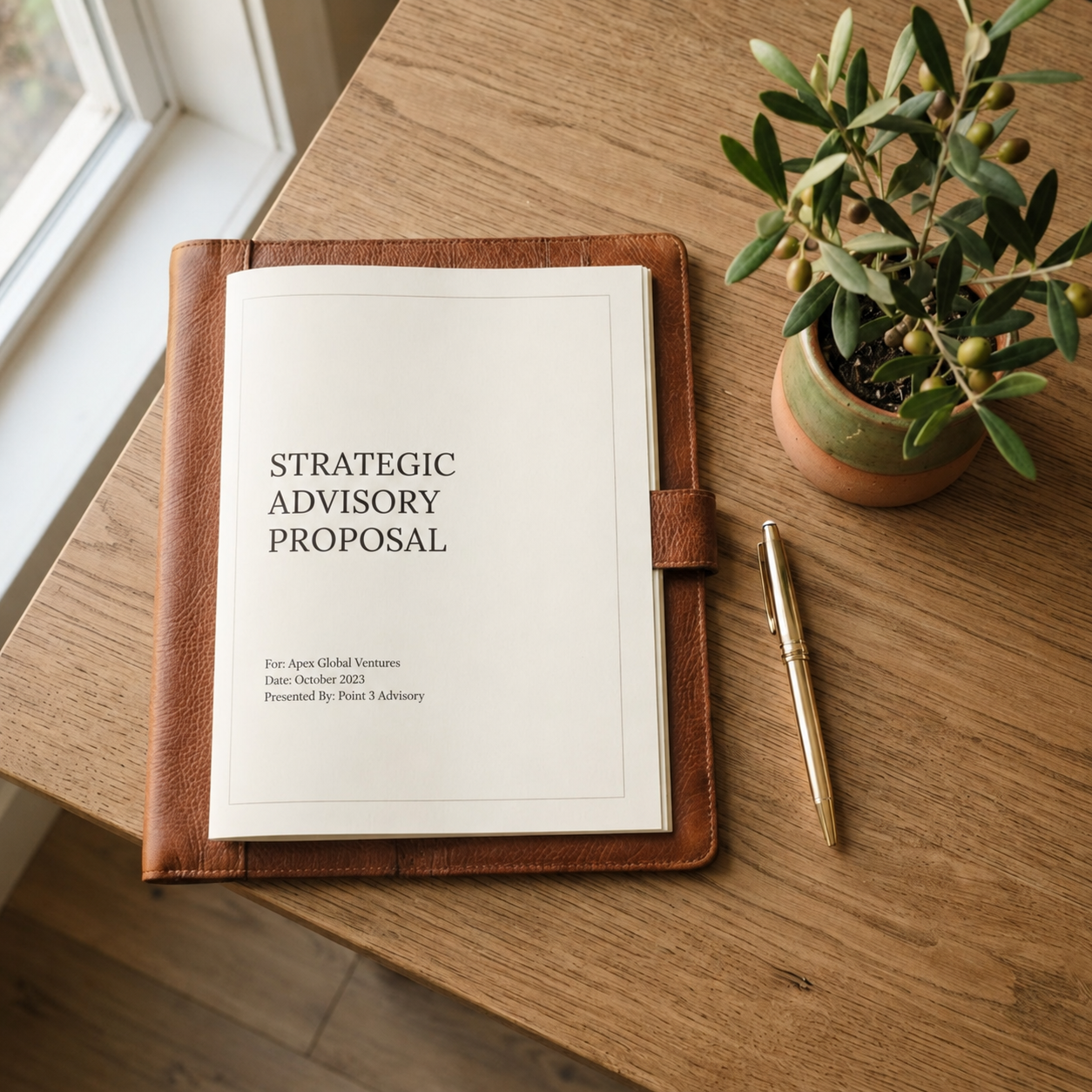 A Point 3 Advisory strategic advisory proposal resting in a leather folder on a wooden desk