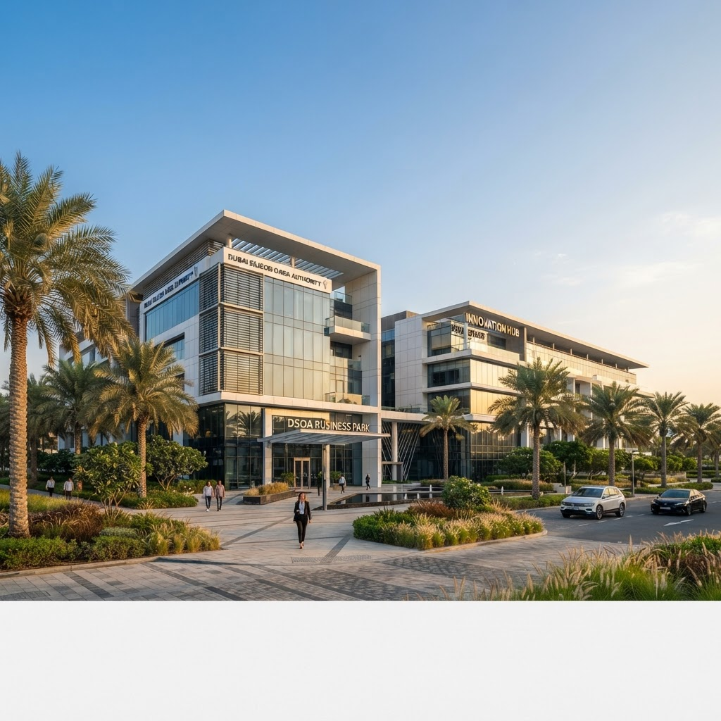 Modern low-rise business park building exterior in Dubai Silicon Oasis