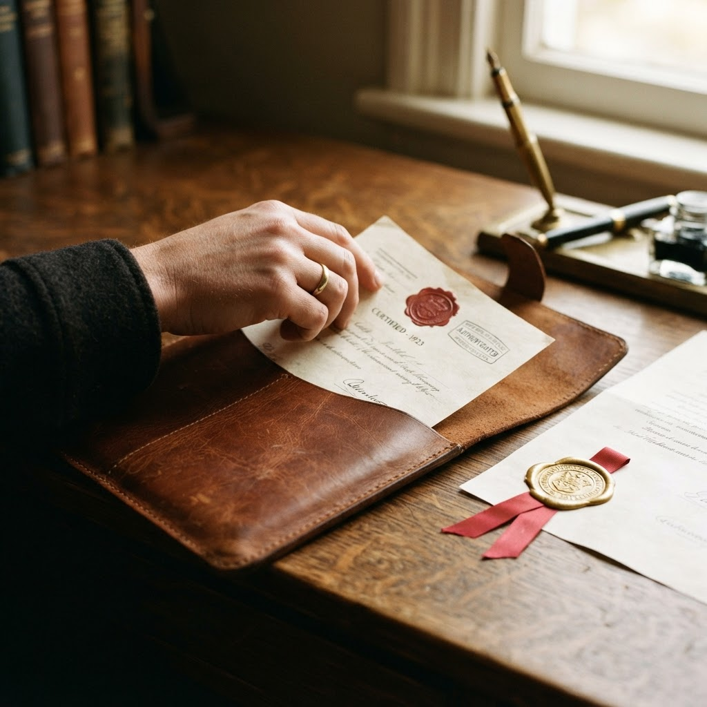 Close-up of a hand placing a stamped document into a leather folder