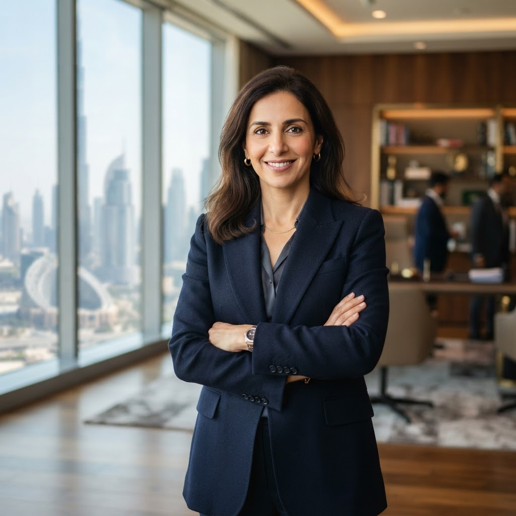 Professional editorial portrait of the firm's founder in a modern Dubai office