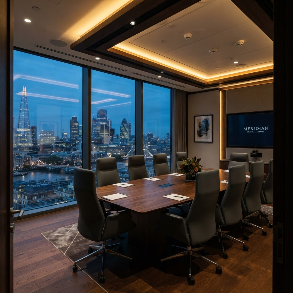 Modern high-rise investment office meeting room with skyline view