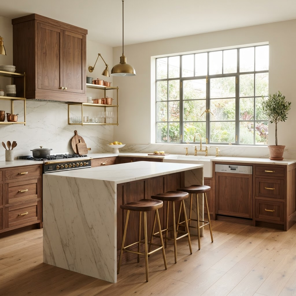 Bespoke kitchen renovation with warm wood cabinetry and brass fixtures