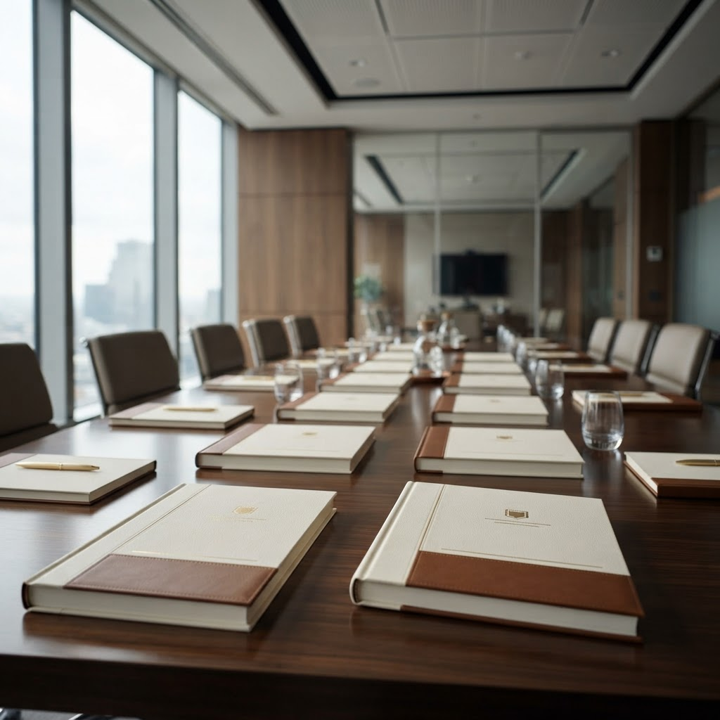 Boardroom table with bound advisory reports in cream and brown covers