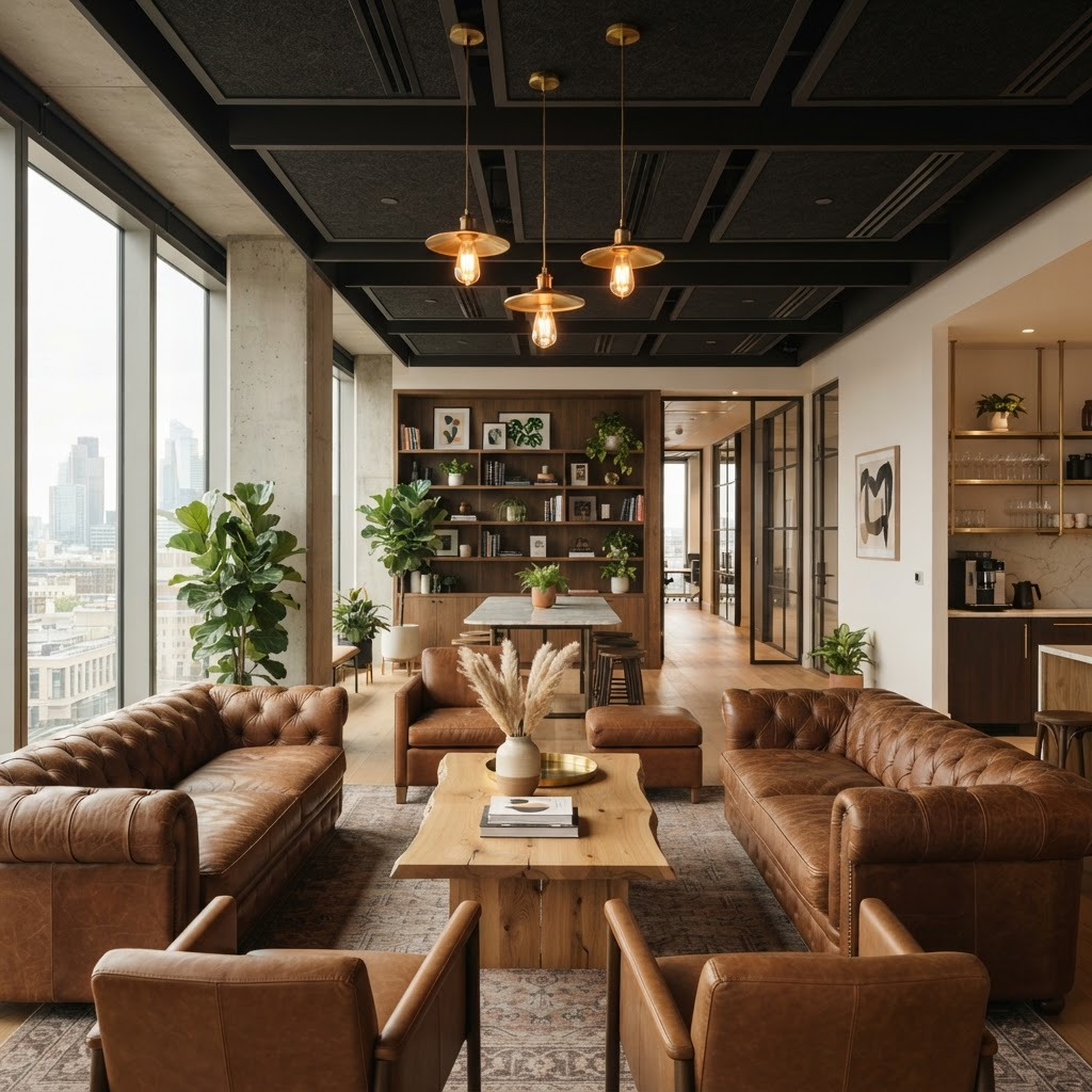 Modern serviced office lounge with brass pendant lighting